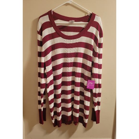 Knit Sweater Womens Just My Size 4X 26/28 White Burgandy Stripes Christmas NWT - Picture 1 of 6